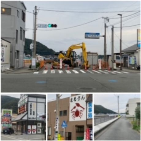 只今 港工事中の為直進出来ません。交差点左折!